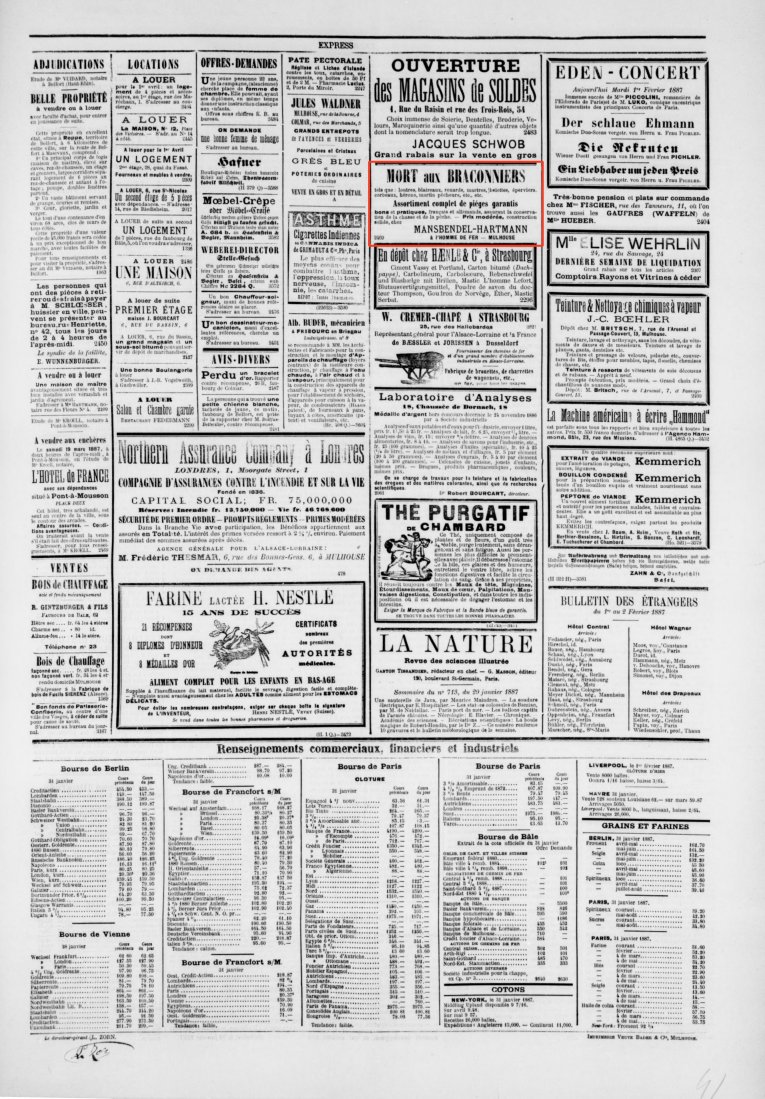 Journal L'Express de Mulhouse du 2 février 1887 (p.4) : mort aux braconniers, assortiment complet de pièges garantis.